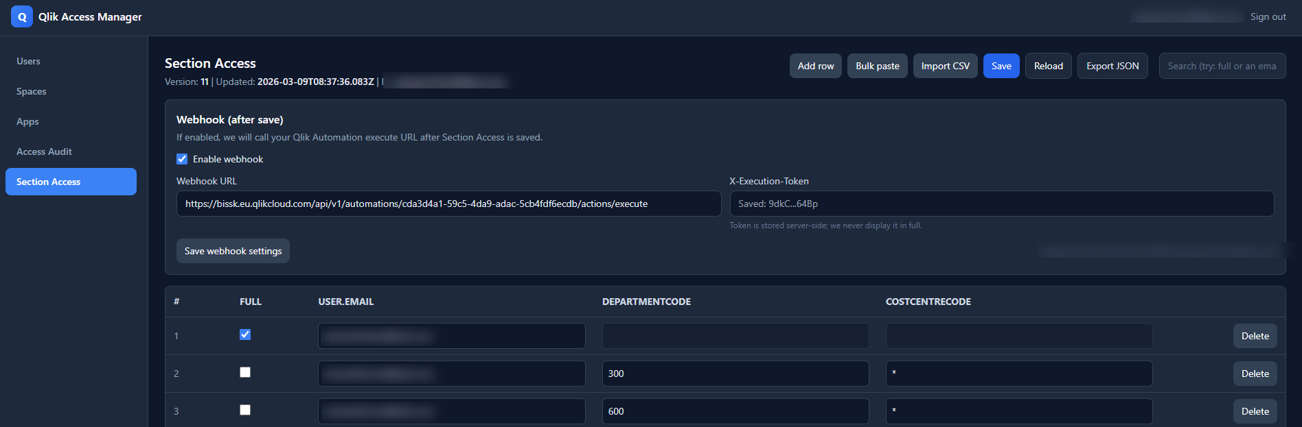 Qlik Access Manager section access editor